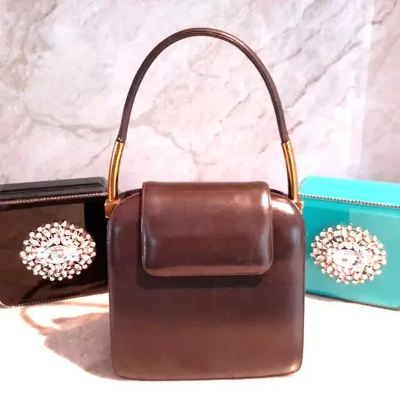 1960s VNTG VERY RARE Judith Lieber Couture Satchel Brown Mini Peekaboo Handbag - Picture 3 of 9